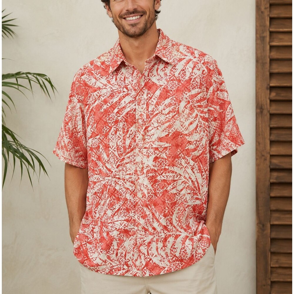 Tasso Elba Island Silk Linen Hawaiian Shirt Coral White Tropical Print XL
